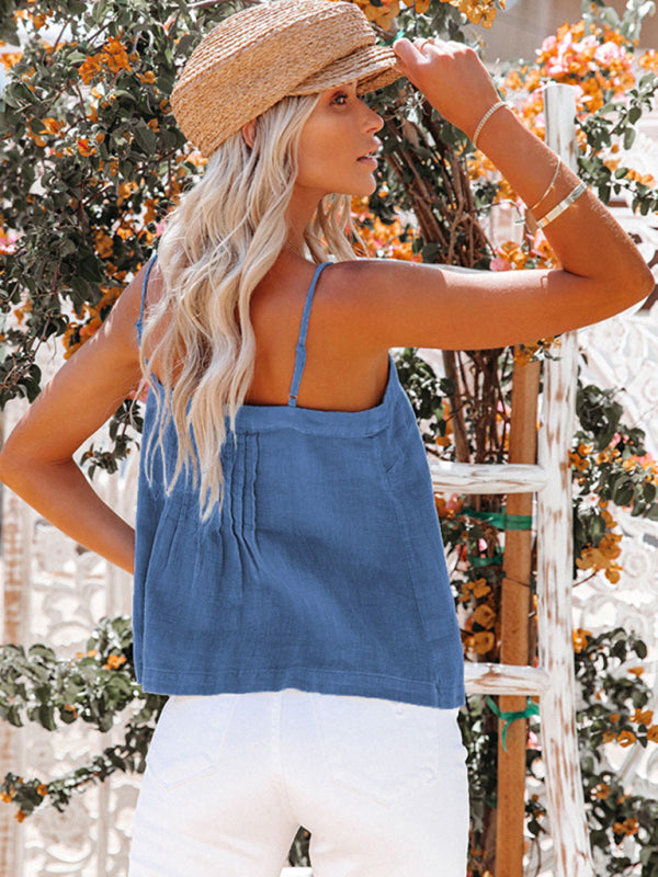 Women's Solid Color Button Pleated Camisole Top
