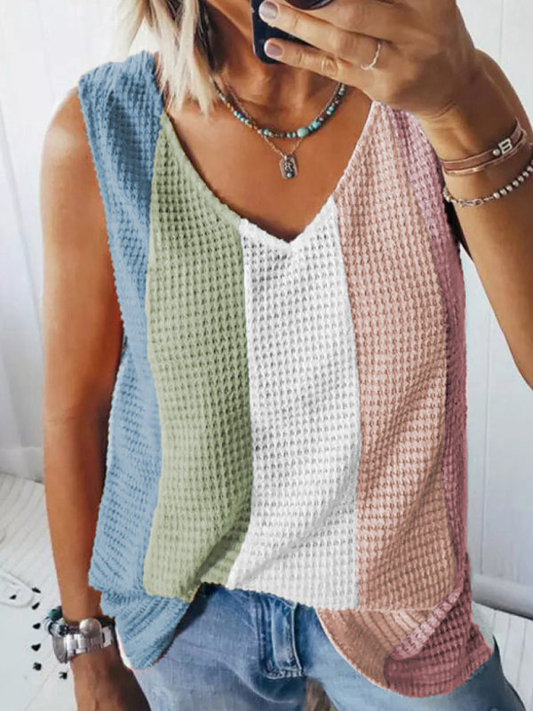 Women's Knit V-Neck Waffle Contrast Tank Top