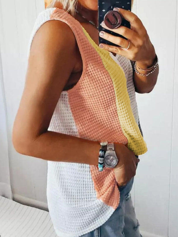 Women's Knit V-Neck Waffle Contrast Tank Top