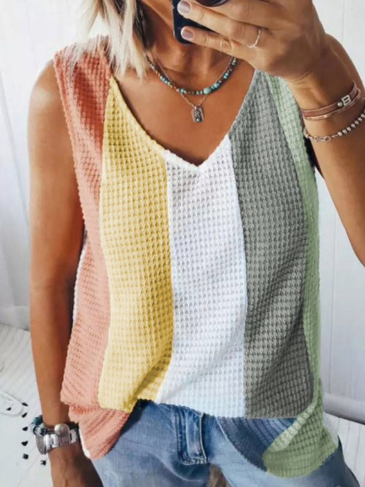 Women's Knit V-Neck Waffle Contrast Tank Top