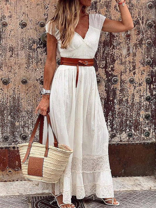 V-neck Long Lace Stitching Elegant Maxi Dress