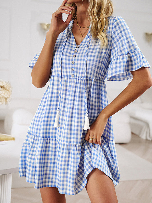 Women's Casual Fashion V Neck Plaid Short Sleeve Dress