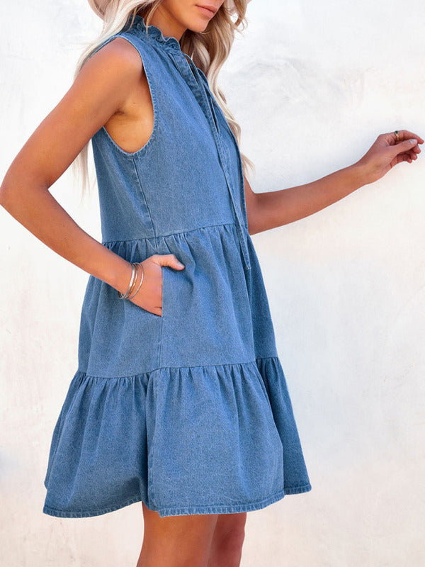 Women's loose V-neck A-line strappy sleeveless denim dress