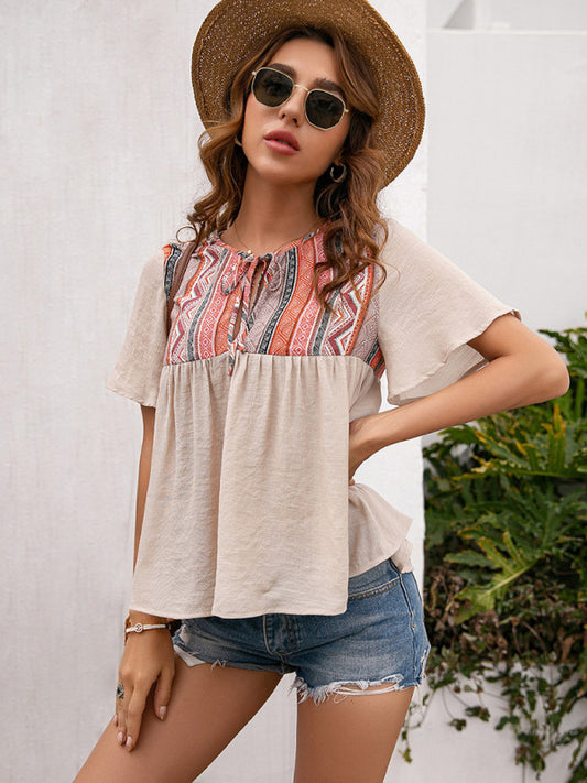 Bohemian Neck Cutout Tether Short Sleeve Top