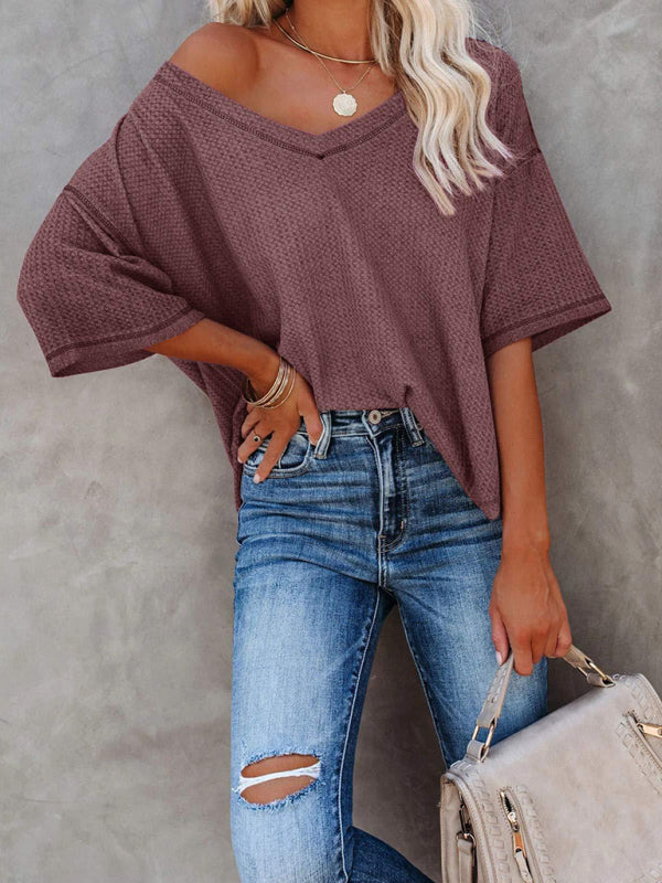 New V Neck Dolman Sleeve Waffle Knit Top