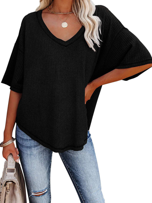 New V Neck Dolman Sleeve Waffle Knit Top