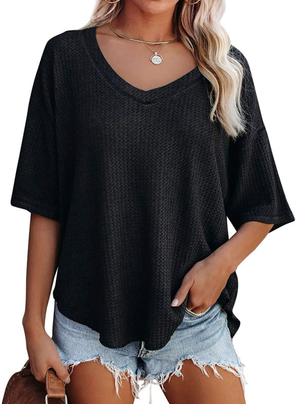 New V Neck Dolman Sleeve Waffle Knit Top