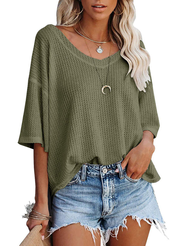 New V Neck Dolman Sleeve Waffle Knit Top