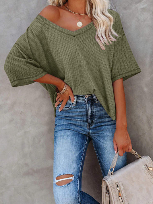New V Neck Dolman Sleeve Waffle Knit Top
