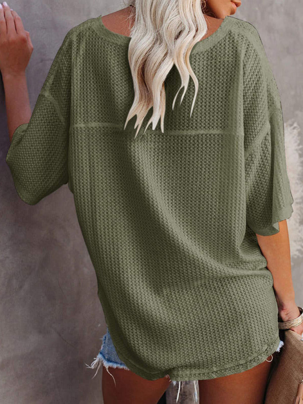 New V Neck Dolman Sleeve Waffle Knit Top