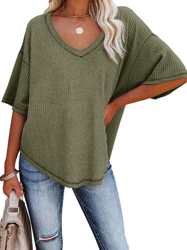 New V Neck Dolman Sleeve Waffle Knit Top