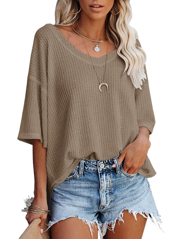 New V Neck Dolman Sleeve Waffle Knit Top