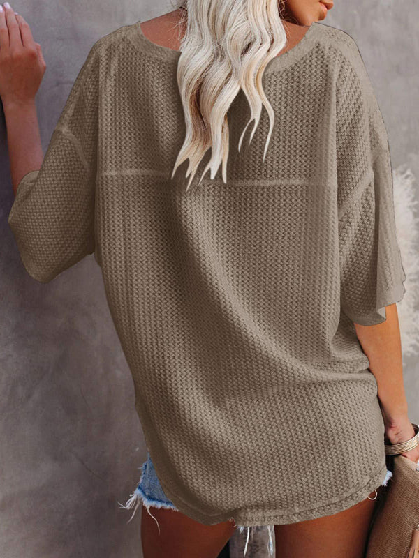 New V Neck Dolman Sleeve Waffle Knit Top