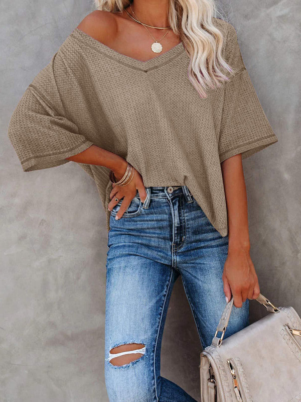 New V Neck Dolman Sleeve Waffle Knit Top