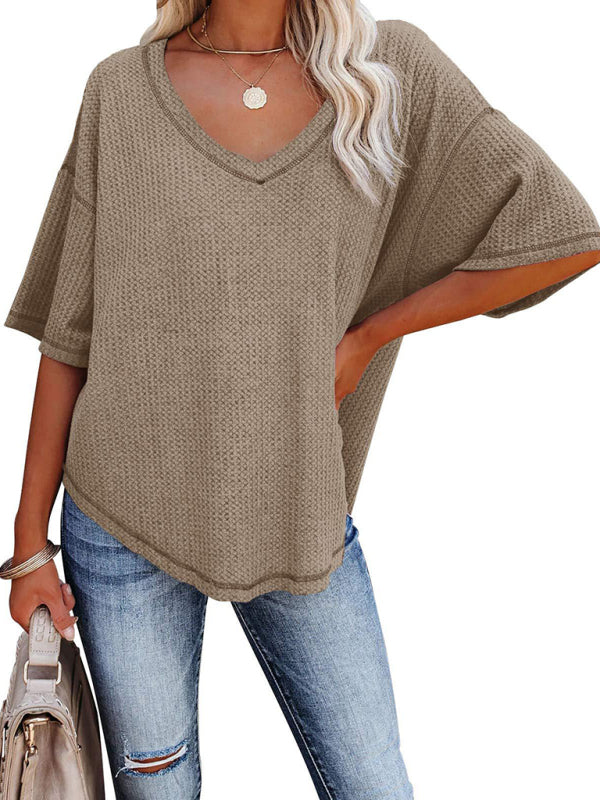New V Neck Dolman Sleeve Waffle Knit Top
