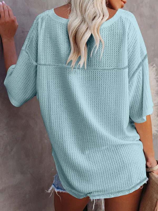 New V Neck Dolman Sleeve Waffle Knit Top