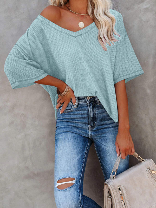 New V Neck Dolman Sleeve Waffle Knit Top