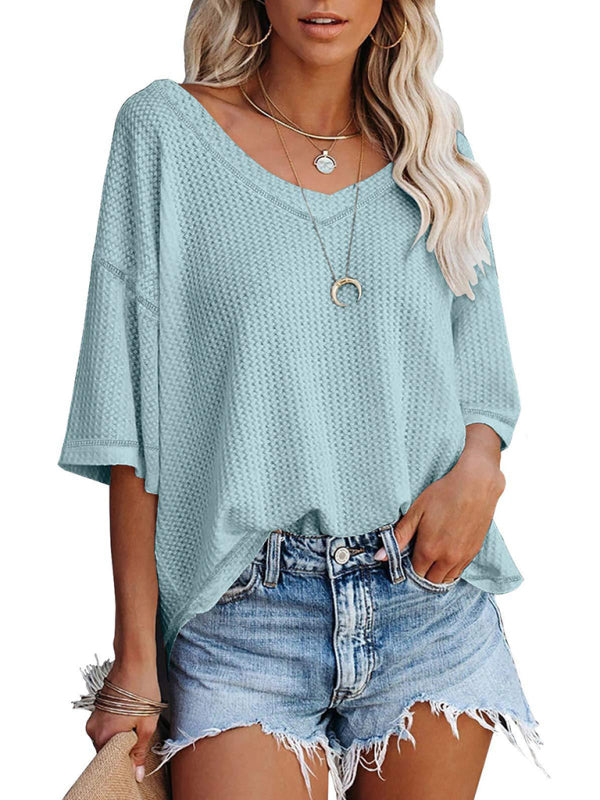 New V Neck Dolman Sleeve Waffle Knit Top