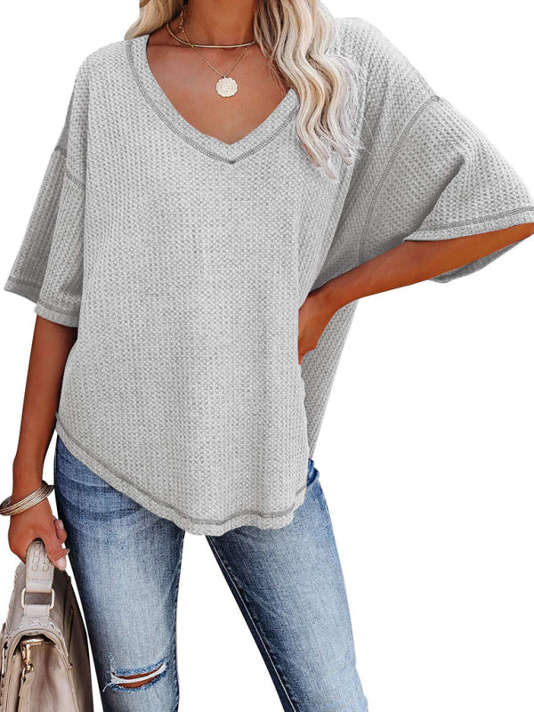 New V Neck Dolman Sleeve Waffle Knit Top