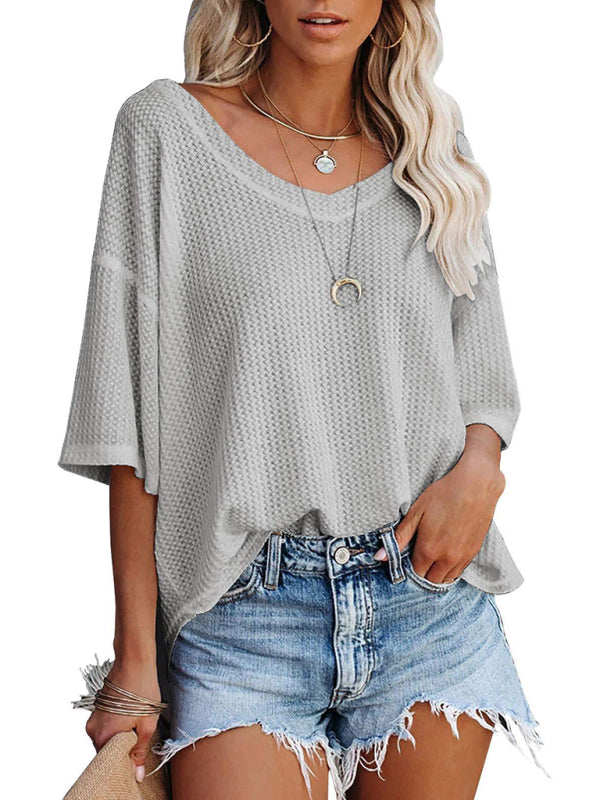 New V Neck Dolman Sleeve Waffle Knit Top