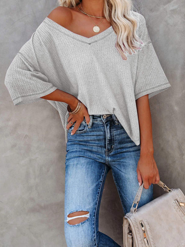 New V Neck Dolman Sleeve Waffle Knit Top