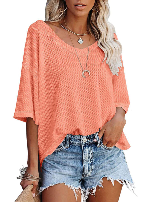 New V Neck Dolman Sleeve Waffle Knit Top