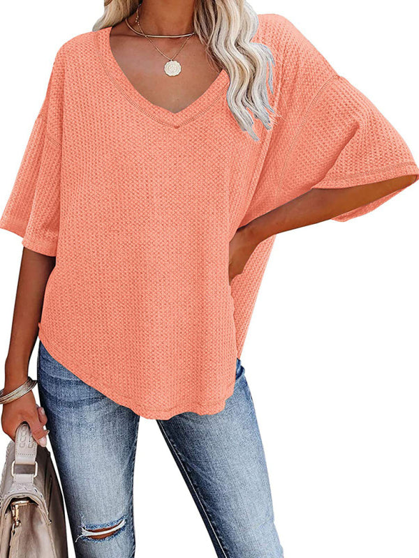 New V Neck Dolman Sleeve Waffle Knit Top