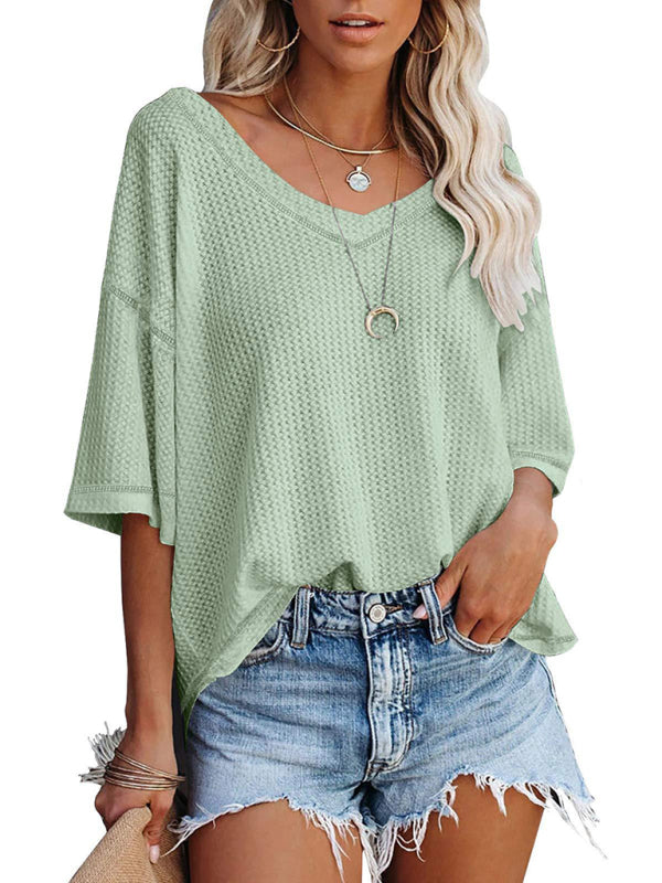 New V Neck Dolman Sleeve Waffle Knit Top