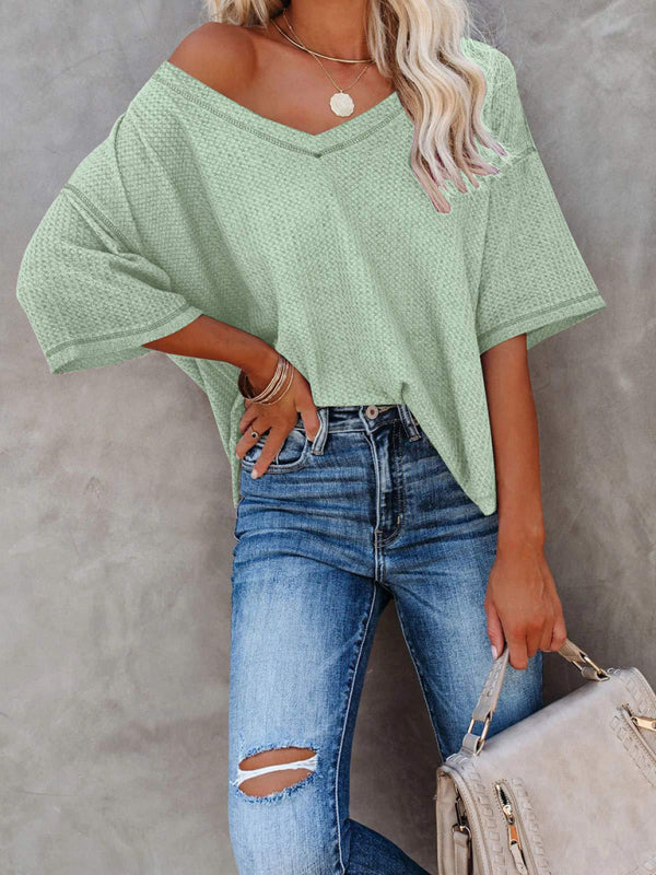 New V Neck Dolman Sleeve Waffle Knit Top