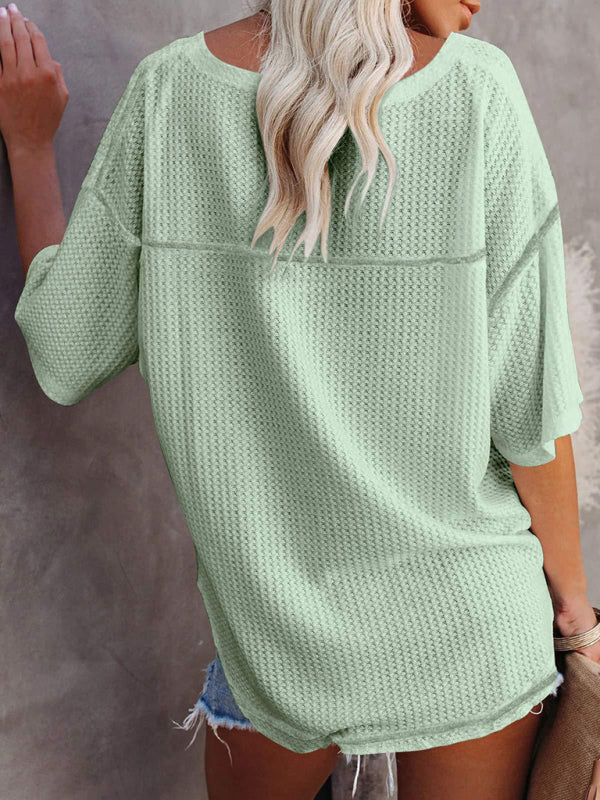 New V Neck Dolman Sleeve Waffle Knit Top