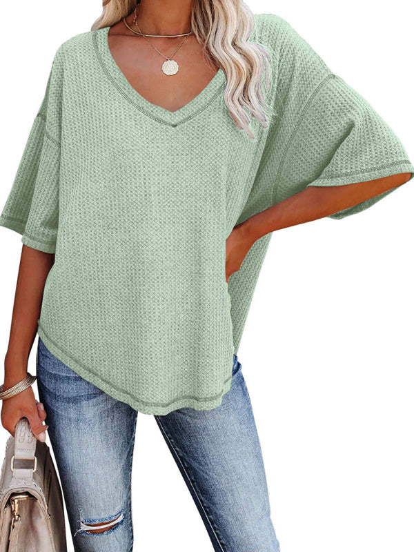 New V Neck Dolman Sleeve Waffle Knit Top
