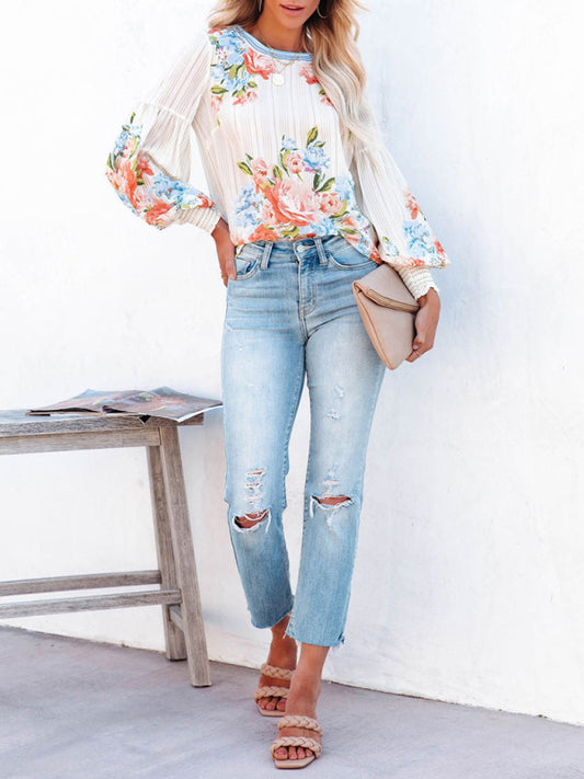 Street Trendy Lantern Sleeve Positioning Flower Round Neck Loose T-Shirt
