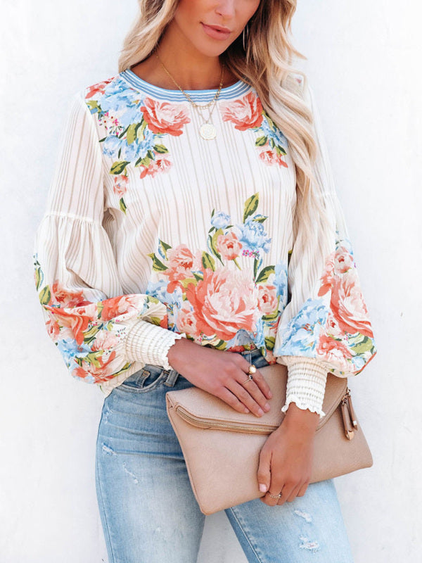 Street Trendy Lantern Sleeve Positioning Flower Round Neck Loose T-Shirt