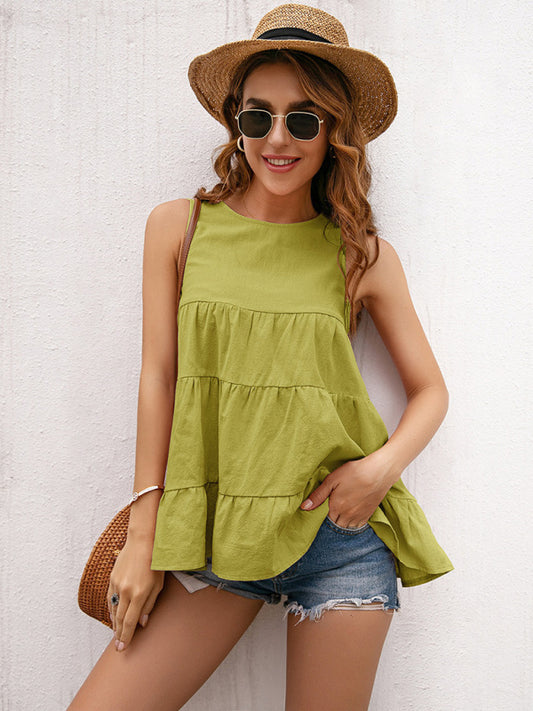 Round Neck Sleeveless Knotty Stitching Loose Swing Tank Top