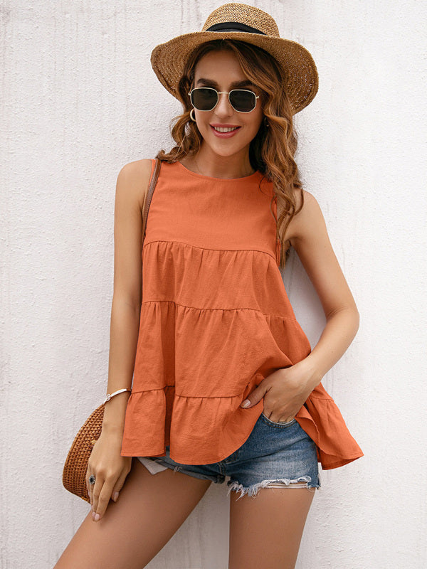 Round Neck Sleeveless Knotty Stitching Loose Swing Tank Top
