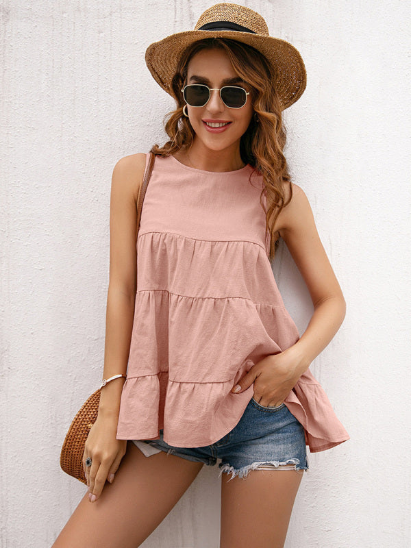 Round Neck Sleeveless Knotty Stitching Loose Swing Tank Top