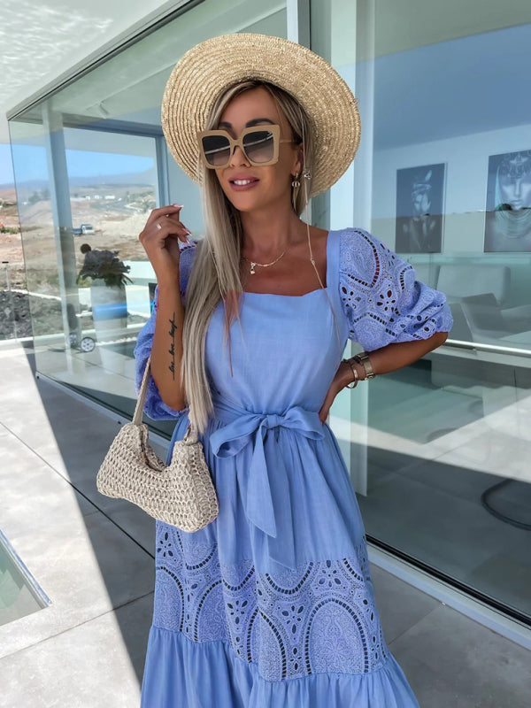 Women's Woven Square Neck Hollow Crochet Mosaic Loose Long Dress