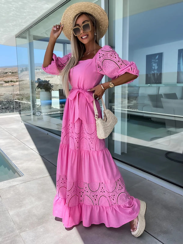Women's Woven Square Neck Hollow Crochet Mosaic Loose Long Dress