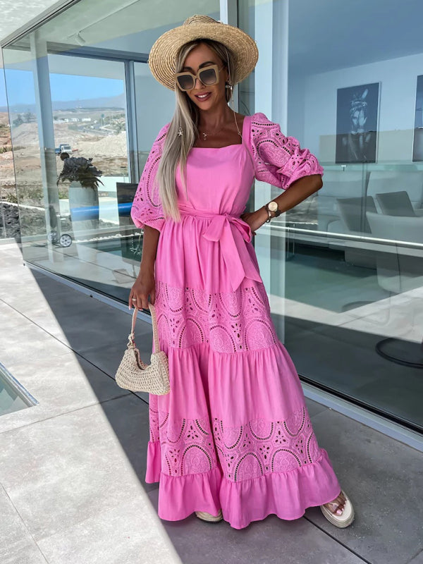 Women's Woven Square Neck Hollow Crochet Mosaic Loose Long Dress