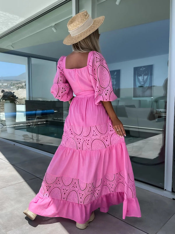 Women's Woven Square Neck Hollow Crochet Mosaic Loose Long Dress