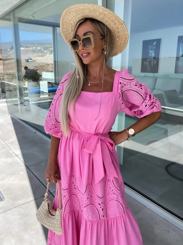 Women's Woven Square Neck Hollow Crochet Mosaic Loose Long Dress