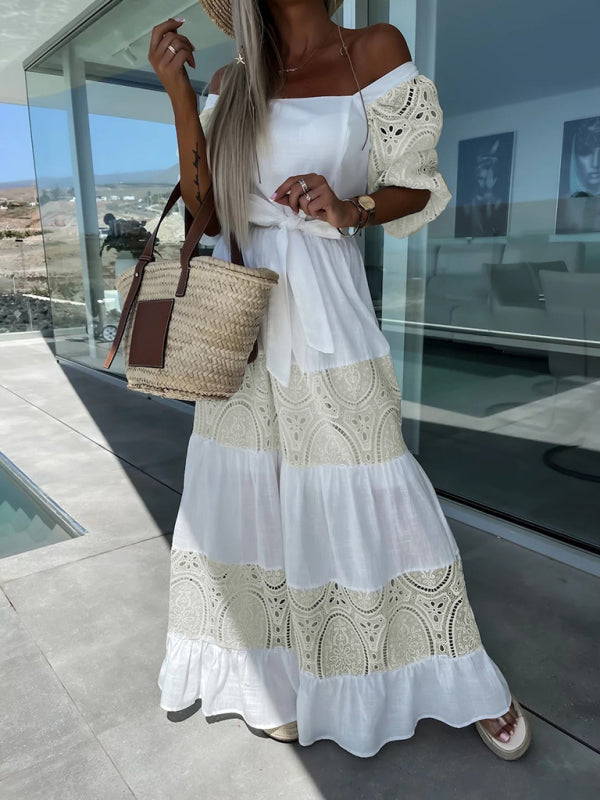 Women's Woven Square Neck Hollow Crochet Mosaic Loose Long Dress