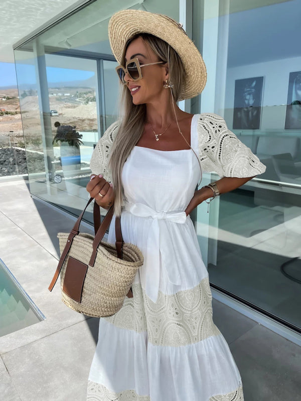 Women's Woven Square Neck Hollow Crochet Mosaic Loose Long Dress