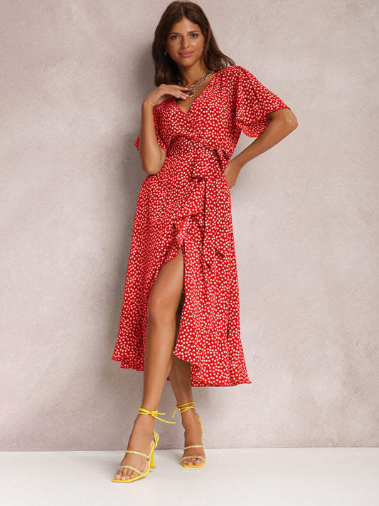 V-neck tie-print polka-dot short-sleeved dress