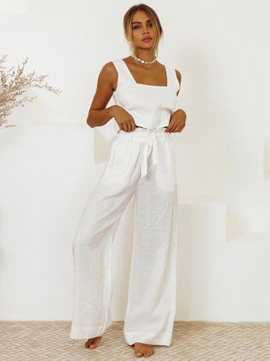 White Sleeveless Top & High Waist Trouser Set