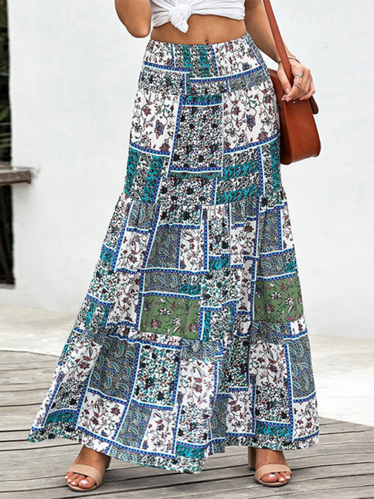 New printed skirt ethnic style high waist thin a-line skirt