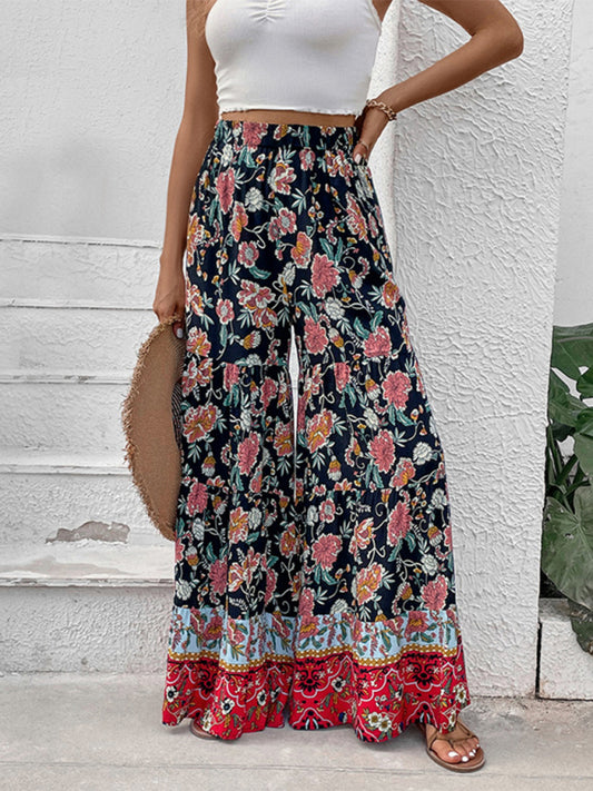 Floral Flared Wide-Leg Pants