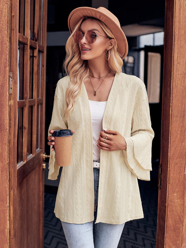 Solid Color Casual Bell Sleeve Knit Cardigan Top