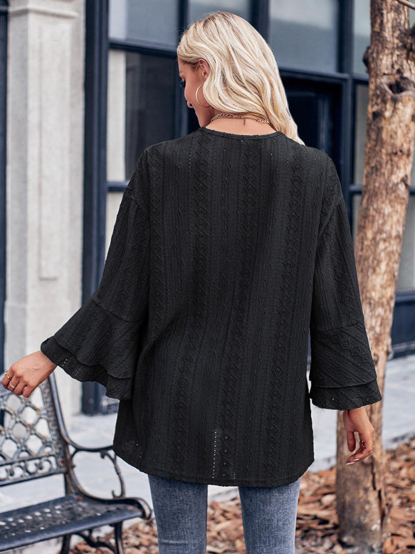 Solid Color Casual Bell Sleeve Knit Cardigan Top