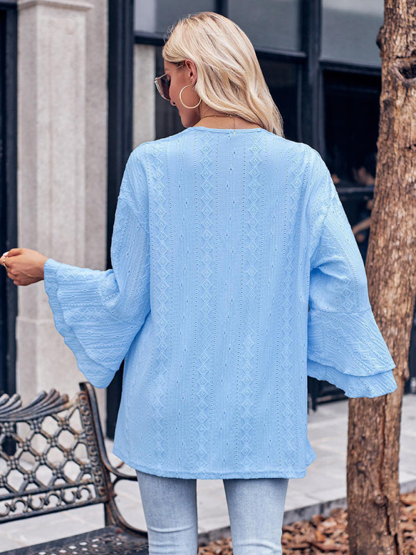 Solid Color Casual Bell Sleeve Knit Cardigan Top